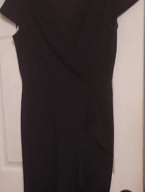 London Times Black Cap-Sleeve Midi Sheath Dress Size 12 Navy Blue